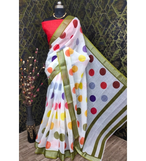 Generic Women's Cotton Linen Printed Saree With Unstitched Blouse 5.5Mtr (Multicolor)