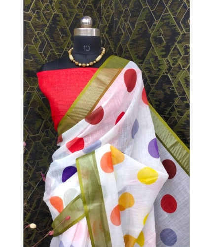 Generic Women's Cotton Linen Printed Saree With Unstitched Blouse 5.5Mtr (Multicolor)