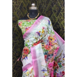 Generic Women's Cotton Linen Printed Saree With Unstitched Blouse 5.5Mtr (Pink)
