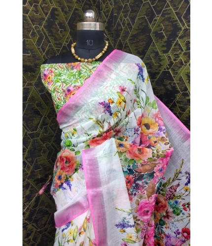 Generic Women's Cotton Linen Printed Saree With Unstitched Blouse 5.5Mtr (Pink)