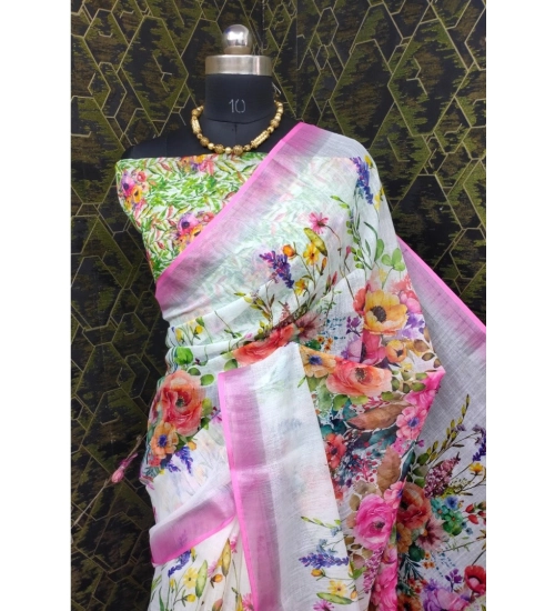 Generic Women's Cotton Linen Printed Saree With Unstitched Blouse 5.5Mtr (Pink)