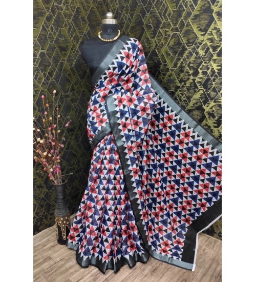 Generic Women's Cotton Linen Printed Saree With Unstitched Blouse 5.5Mtr (Black)