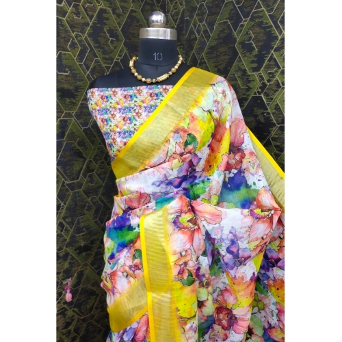 Women's Cotton Linen Printed Saree With Unstitched Blouse 5.5Mtr (Yellow)