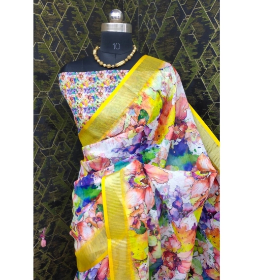 Generic Women's Cotton Linen Printed Saree With Unstitched Blouse 5.5Mtr (Yellow)
