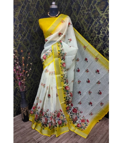 Generic Women's Cotton Linen Woven Design Saree With Unstitched Blouse 5.5Mtr (Yellow)