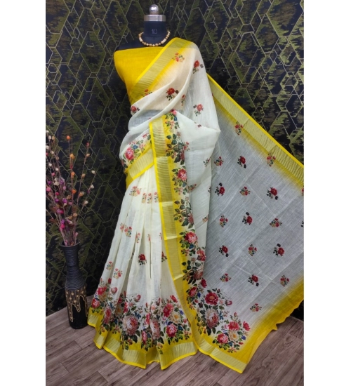Generic Women's Cotton Linen Woven Design Saree With Unstitched Blouse 5.5Mtr (Yellow)