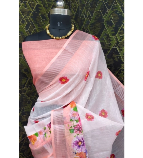Generic Women's Cotton Linen Woven Design Saree With Unstitched Blouse 5.5Mtr (Peach)