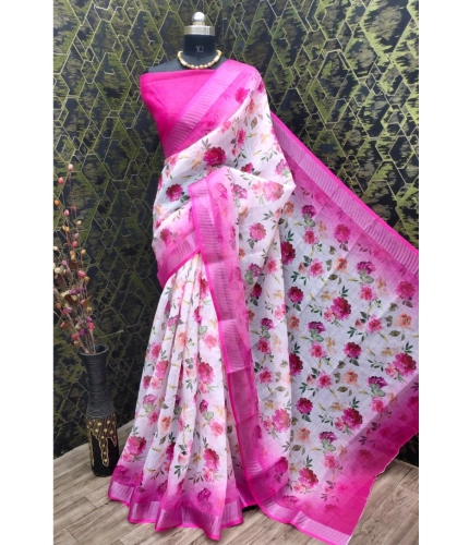 Generic Women's Cotton Linen Woven Design Saree With Unstitched Blouse 5.5Mtr (Pink)