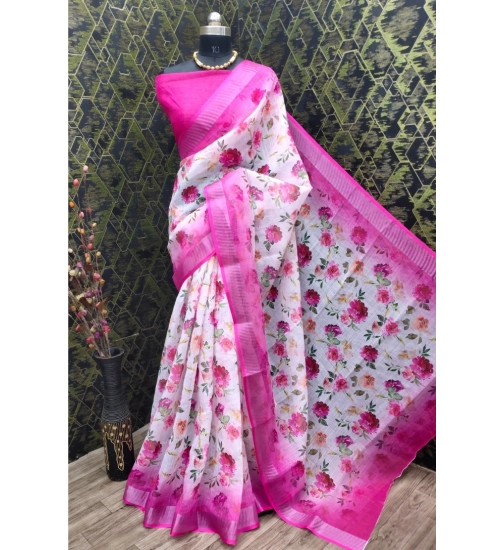 Generic Women's Cotton Linen Woven Design Saree With Unstitched Blouse 5.5Mtr (Pink)