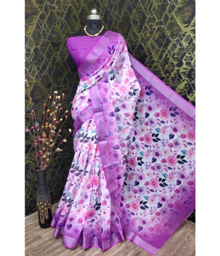 Generic Women's Cotton Linen Woven Design Saree With Unstitched Blouse 5.5Mtr (Purple)