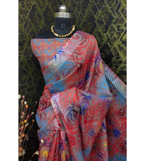 Generic Women's Cotton Linen Woven Design Saree With Unstitched Blouse 5.5Mtr (Red)
