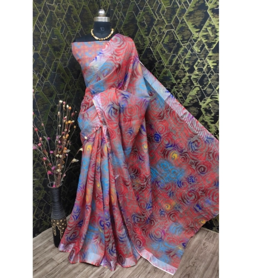 Generic Women's Cotton Linen Woven Design Saree With Unstitched Blouse 5.5Mtr (Red)