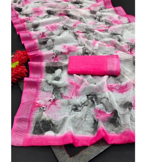 Generic Women's Cotton Linen Woven Design Saree With Unstitched Blouse 5.5Mtr (Pink)