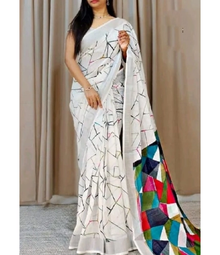 Generic Women's Cotton Linen Printed Saree With Unstitched Blouse 5.5Mtr (White)