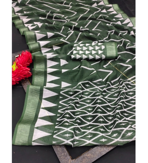 Generic Women's Cotton Linen Woven Design Saree With Unstitched Blouse 5.5Mtr (Green)