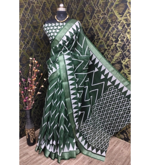 Generic Women's Cotton Linen Woven Design Saree With Unstitched Blouse 5.5Mtr (Green)