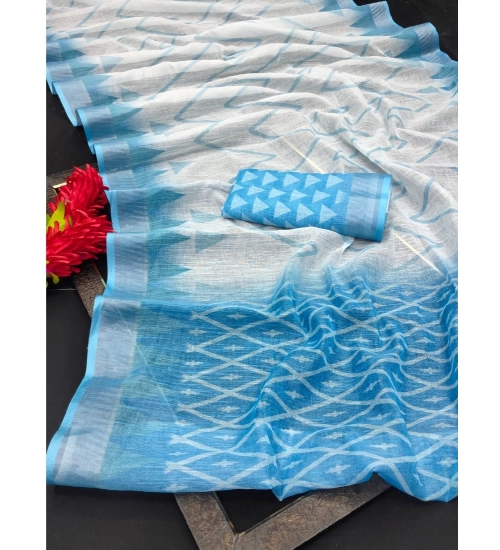Generic Women's Cotton Linen Woven Design Saree With Unstitched Blouse 5.5Mtr (Sky Blue)