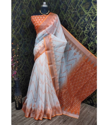 Generic Women's Cotton Linen Woven Design Saree With Unstitched Blouse 5.5Mtr (Orange)