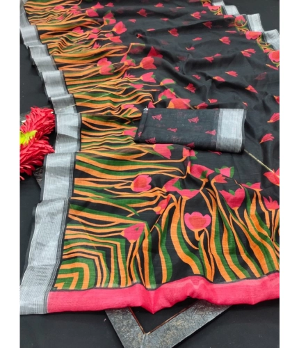 Generic Women's Cotton Linen Digital Print Saree With Unstitched Blouse 5.5Mtr (Black) Generic Women's Cotton Linen Digital Print Saree With Unstitched Blouse 5.5Mtr (Black)