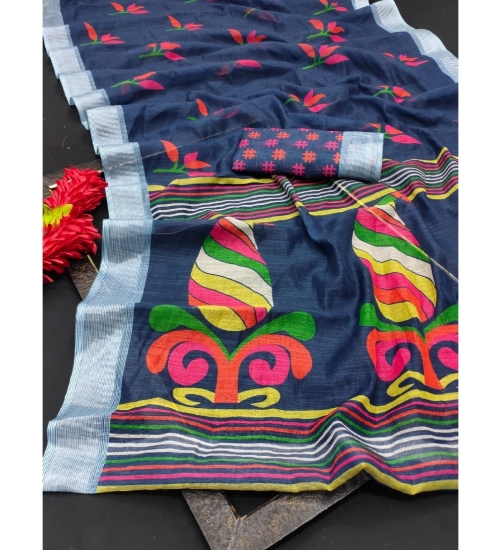 Generic Women's Cotton Linen Digital Print Saree With Unstitched Blouse 5.5Mtr (Blue)