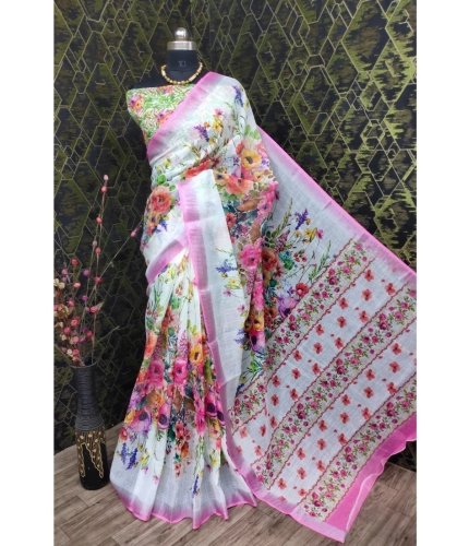Generic Women's Cotton Linen Printed Saree With Unstitched Blouse 5.5Mtr (Pink) Generic Women's Cotton Linen Printed Saree With Unstitched Blouse 5.5Mtr (Pink)