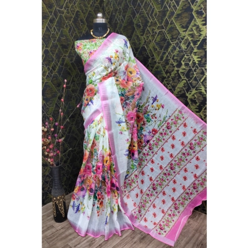 Women's Cotton Linen Printed Saree With Unstitched Blouse 5.5Mtr (Pink)