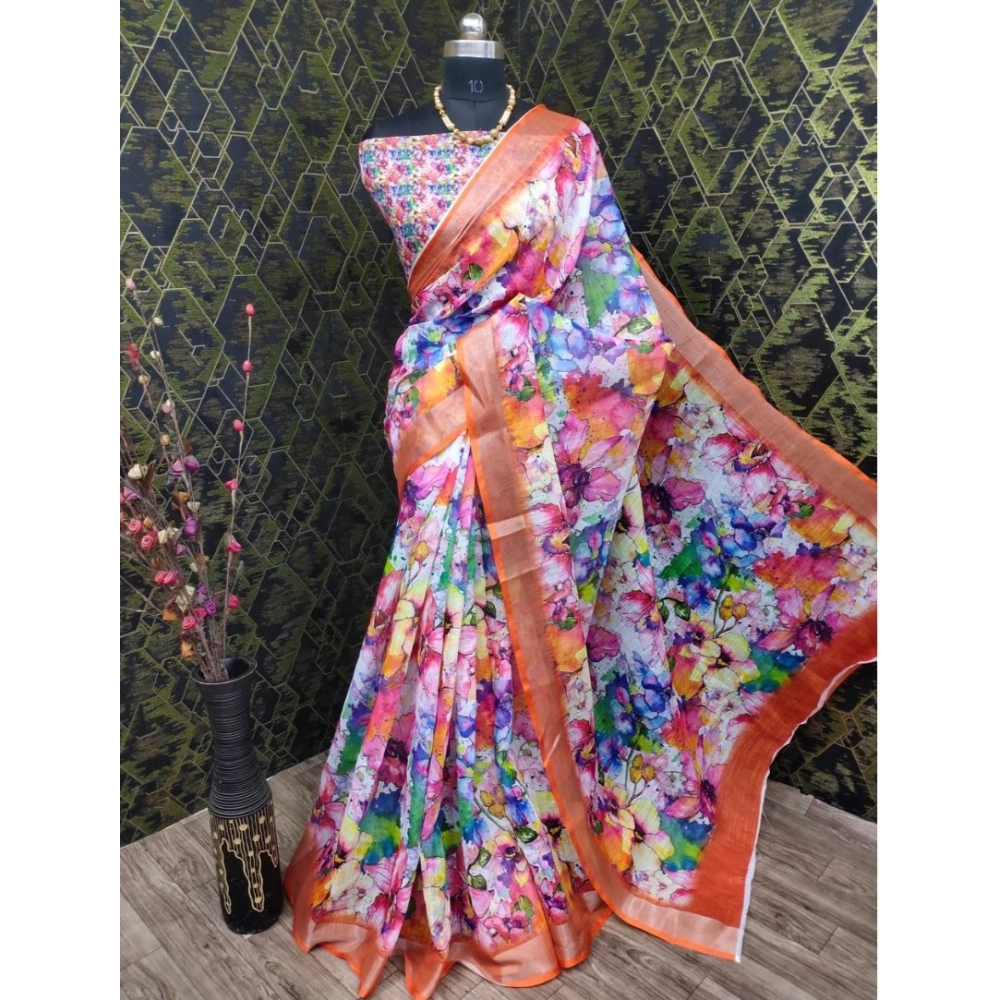 Generic Women's Cotton Linen Printed Saree With Unstitched Blouse 5.5Mtr (Orange)