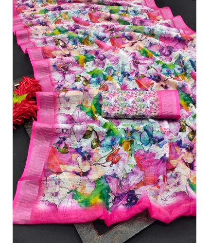 Generic Women's Cotton Linen Printed Saree With Unstitched Blouse 5.5Mtr (Pink)