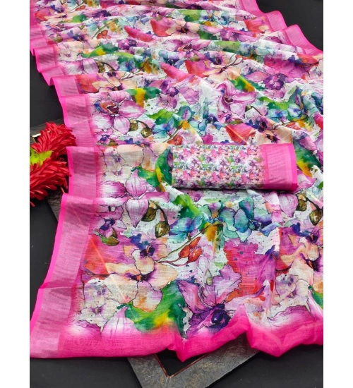 Generic Women's Cotton Linen Printed Saree With Unstitched Blouse 5.5Mtr (Pink)