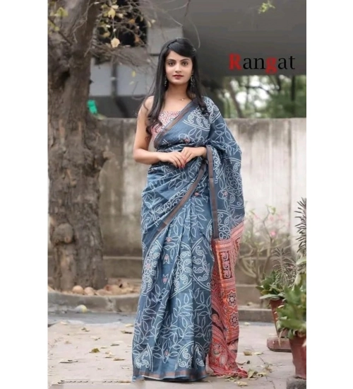 Generic Women's Cotton Linen Printed Saree With Unstitched Blouse 5.5Mtr (Grey)