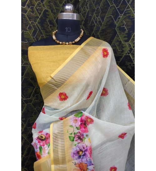 Generic Women's Cotton Linen Woven Design Saree With Unstitched Blouse 5.5Mtr (Yellow)