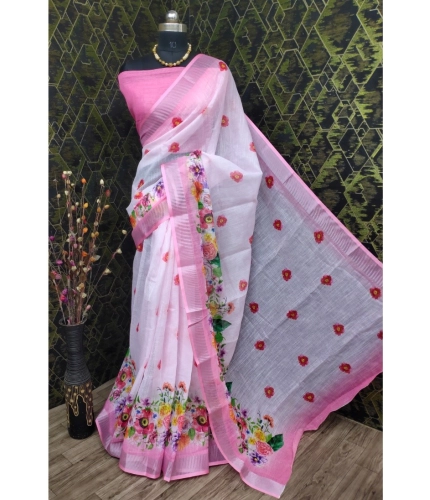 Generic Women's Cotton Linen Woven Design Saree With Unstitched Blouse 5.5Mtr (Pink)