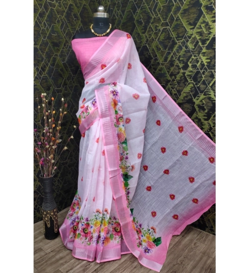 Generic Women's Cotton Linen Woven Design Saree With Unstitched Blouse 5.5Mtr (Pink)