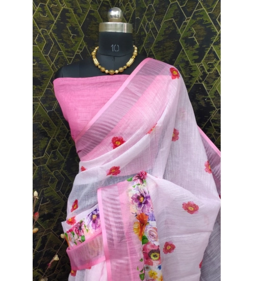 Generic Women's Cotton Linen Woven Design Saree With Unstitched Blouse 5.5Mtr (Pink)