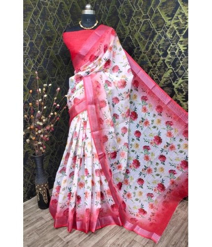 Generic Women's Cotton Linen Woven Design Saree With Unstitched Blouse 5.5Mtr (Red)