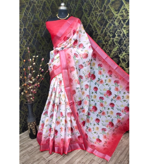 Generic Women's Cotton Linen Woven Design Saree With Unstitched Blouse 5.5Mtr (Red)