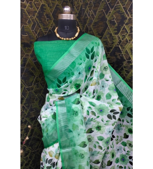 Generic Women's Cotton Linen Woven Design Saree With Unstitched Blouse 5.5Mtr (Green)
