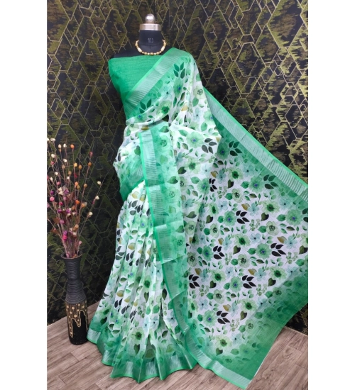 Generic Women's Cotton Linen Woven Design Saree With Unstitched Blouse 5.5Mtr (Green)