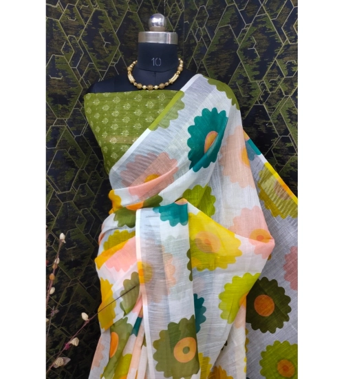 Generic Women's Cotton Linen Woven Design Saree With Unstitched Blouse 5.5Mtr (Green)
