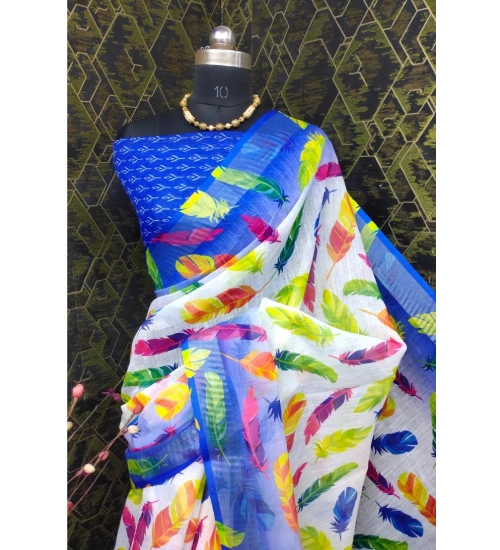 Generic Women's Cotton Linen Woven Design Saree With Unstitched Blouse 5.5Mtr (Blue)