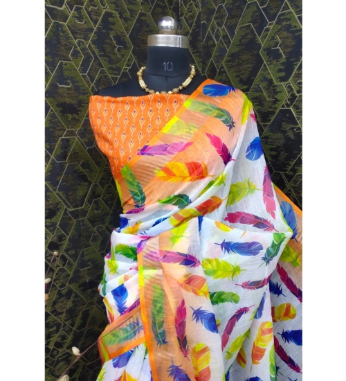 Generic Women's Cotton Linen Woven Design Saree With Unstitched Blouse 5.5Mtr (Orange)