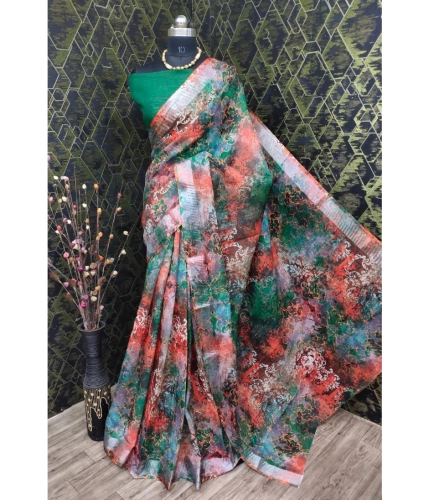 Generic Women's Cotton Linen Woven Design Saree With Unstitched Blouse 5.5Mtr (Green)