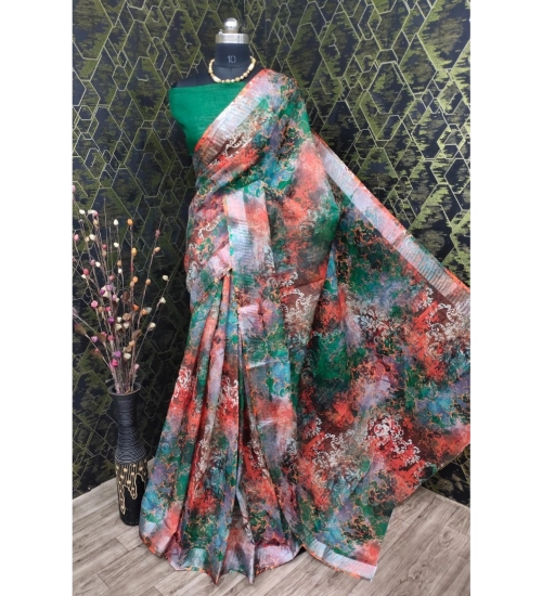 Generic Women's Cotton Linen Woven Design Saree With Unstitched Blouse 5.5Mtr (Green)