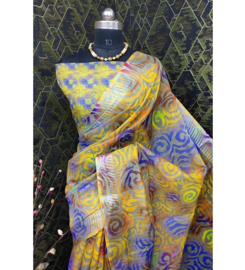 Generic Women's Cotton Linen Woven Design Saree With Unstitched Blouse 5.5Mtr (Yellow)