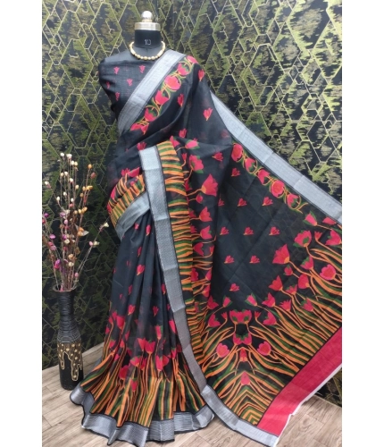 Generic Women's Cotton Linen Digital Print Saree With Unstitched Blouse 5.5Mtr (Black)