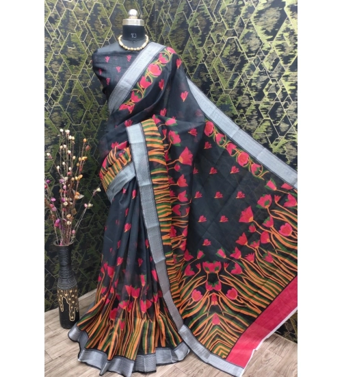 Generic Women's Cotton Linen Digital Print Saree With Unstitched Blouse 5.5Mtr (Black)
