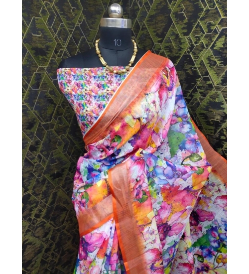 Generic Women's Cotton Linen Printed Saree With Unstitched Blouse 5.5Mtr (Orange)