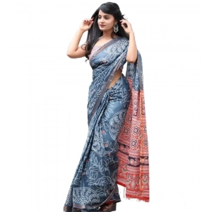 Generic Women's Cotton Linen Printed Saree With Unstitched Blouse 5.5Mtr (Grey)