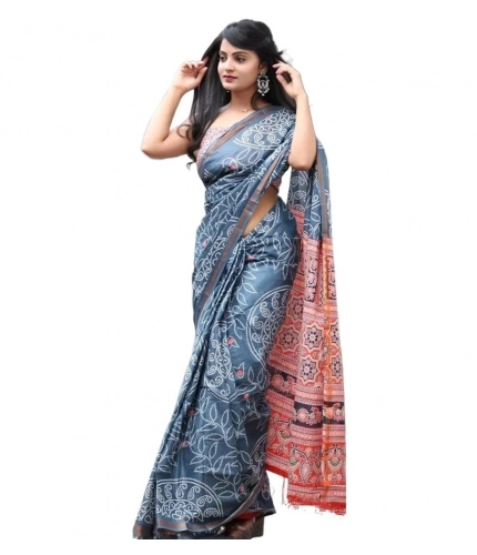 Generic Women's Cotton Linen Printed Saree With Unstitched Blouse 5.5Mtr (Grey)