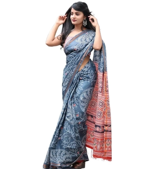 Generic Women's Cotton Linen Printed Saree With Unstitched Blouse 5.5Mtr (Grey)